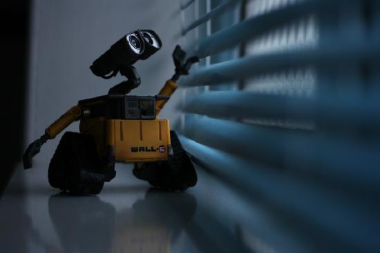 Pixar WallE robot looking out window