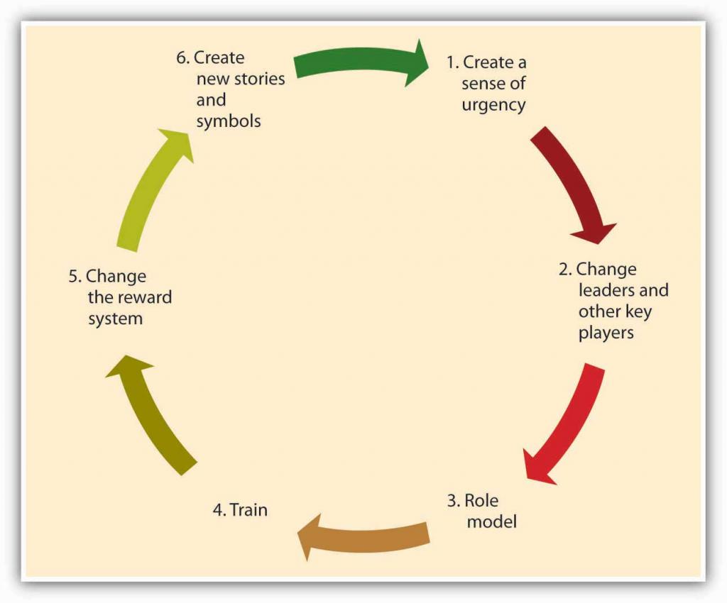 Ciclo: 1. crear un sentido de urgencia, 2. cambiar líderes y actores clave, 3. encontrar modelos a seguir, 4. entrenar, 5. cambiar sistema de recompensa, 6. crear nuevas historias y símbolos. Enjuague, repita.