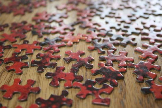 Jigsaw puzzle pieces on a table