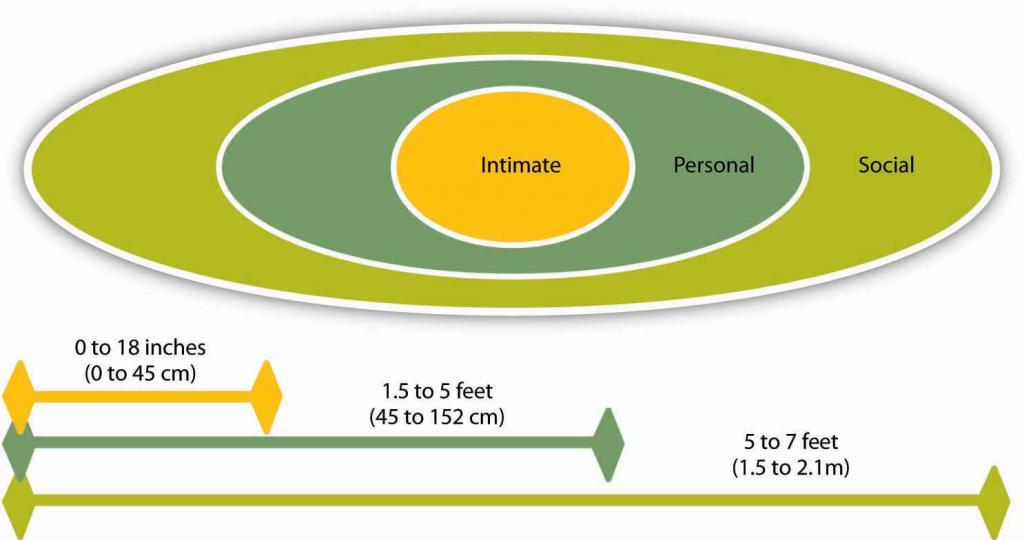 The appropriate distances for intimate, personal and social distances increase in that order
