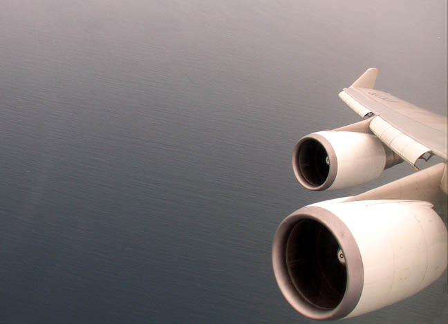 Jet engine on a wing in flight