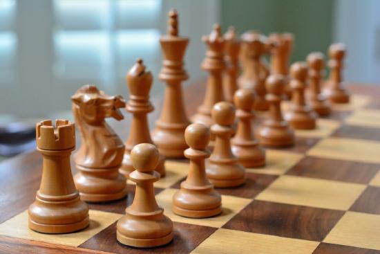 Chess pieces lined up on a board at the start of a game