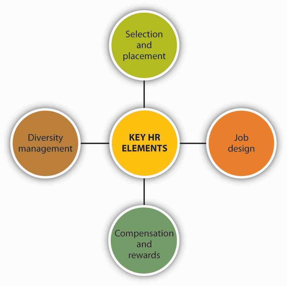 Elementos clave de RRHH: Selección y colocaciones, diseño de empleos, compensación y gestión, gestión de la diversidad