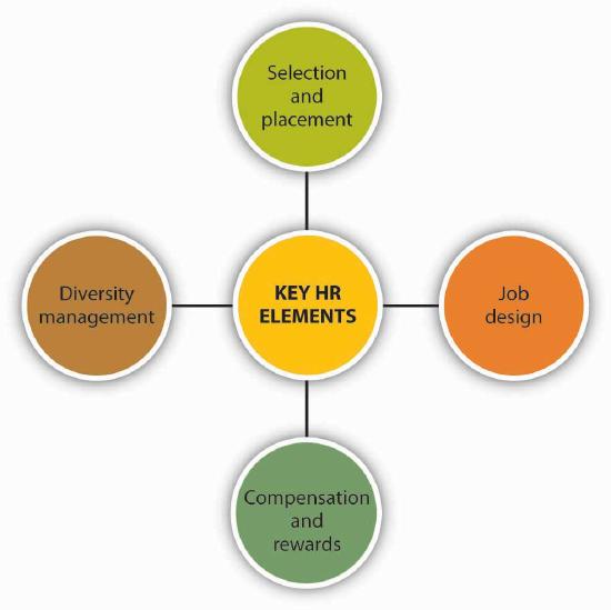 Key HR elements: Selection and placements, job design, compensation and management, diversity management
