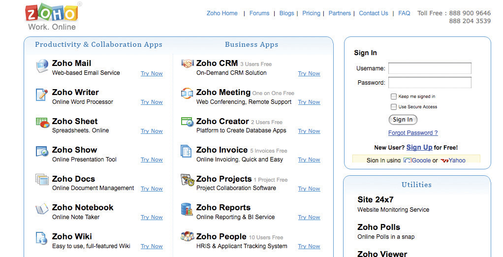screen shot of Zoho's homepage