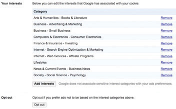 Aquí hay un ejemplo de los intereses de un usuario, según lo rastreado por los “Anuncios basados en intereses” de Google y se muestra en el “Administrador de preferencias de anuncios” de la firma.
