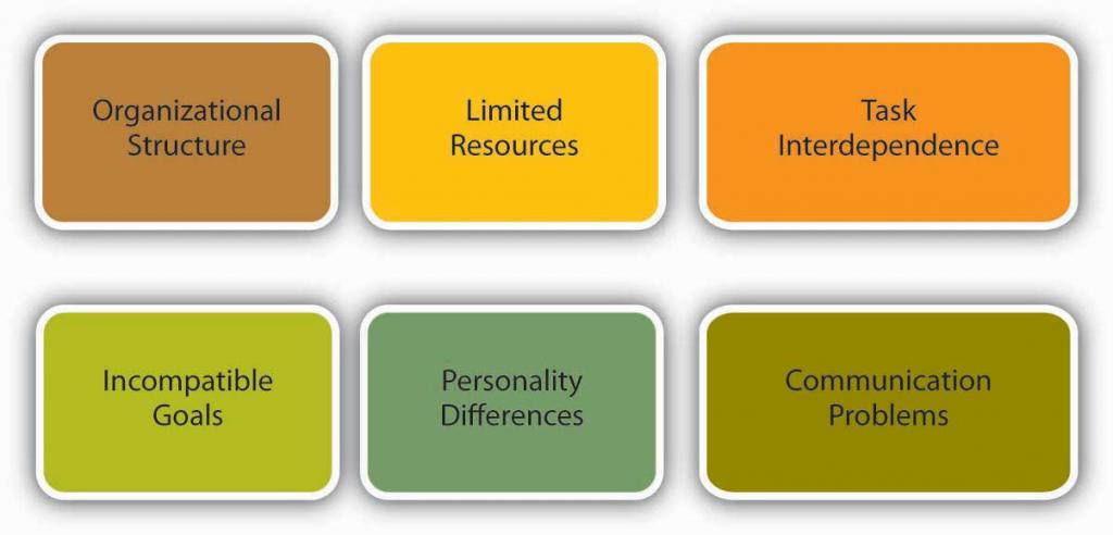 Potential Causes of Conflict: organizational structure, limited resources, task interdependence, incompatible goals, personality differences, communication problems