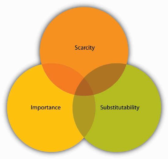 A venn diagram with three circles: Scarcity, Importance, Substitutability