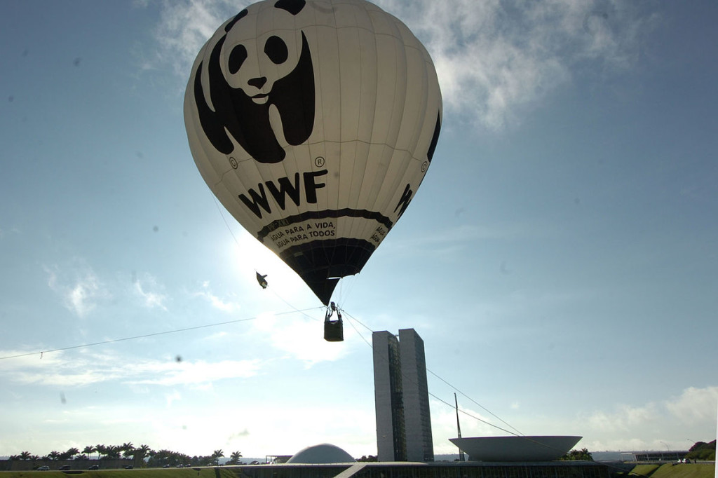 Globo aerostático del Fondo Mundial para la Vida Silvestre con logotipo de panda y “WWF” impreso en el lateral mostrado flotando en el aire en Brasil. El horizonte de la ciudad está al fondo.
