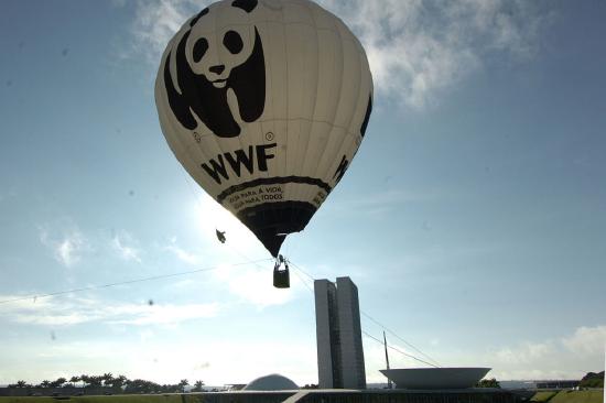 World Wildlife Fund hot-air balloon with panda logo and "WWF" printed on side shown floating in the air in Brazil. City skyline is in the background.