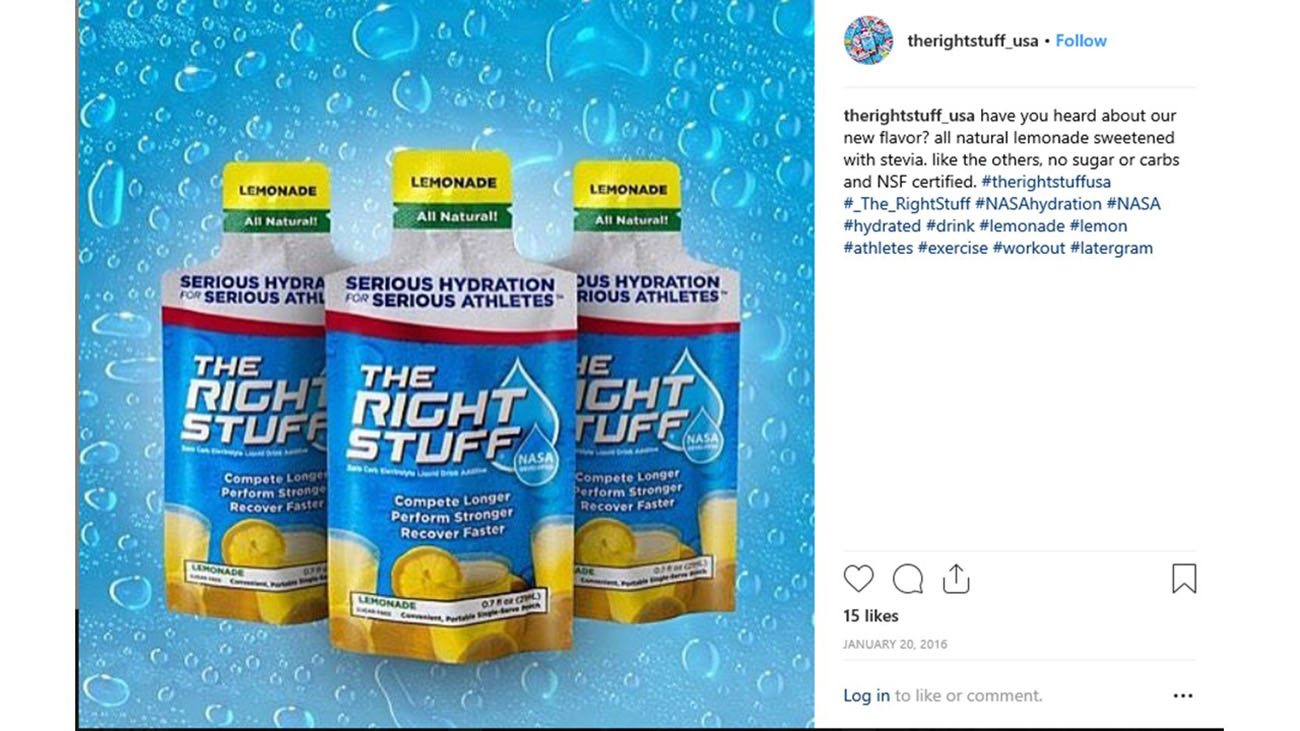 Une photo montre la capture d'écran d'une page de réseau social faisant la promotion de l'électrolyte « The Right Stuff ».