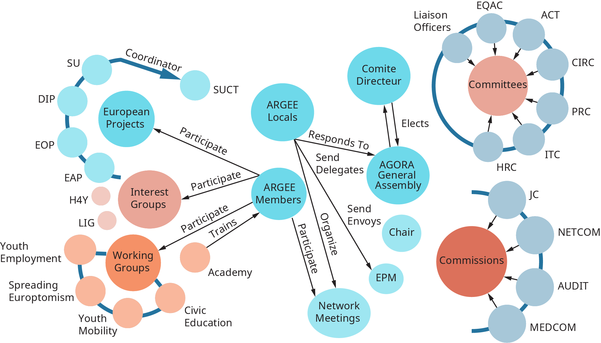 Um diagrama ilustra um exemplo de uma estrutura de equipe em rede em uma organização.