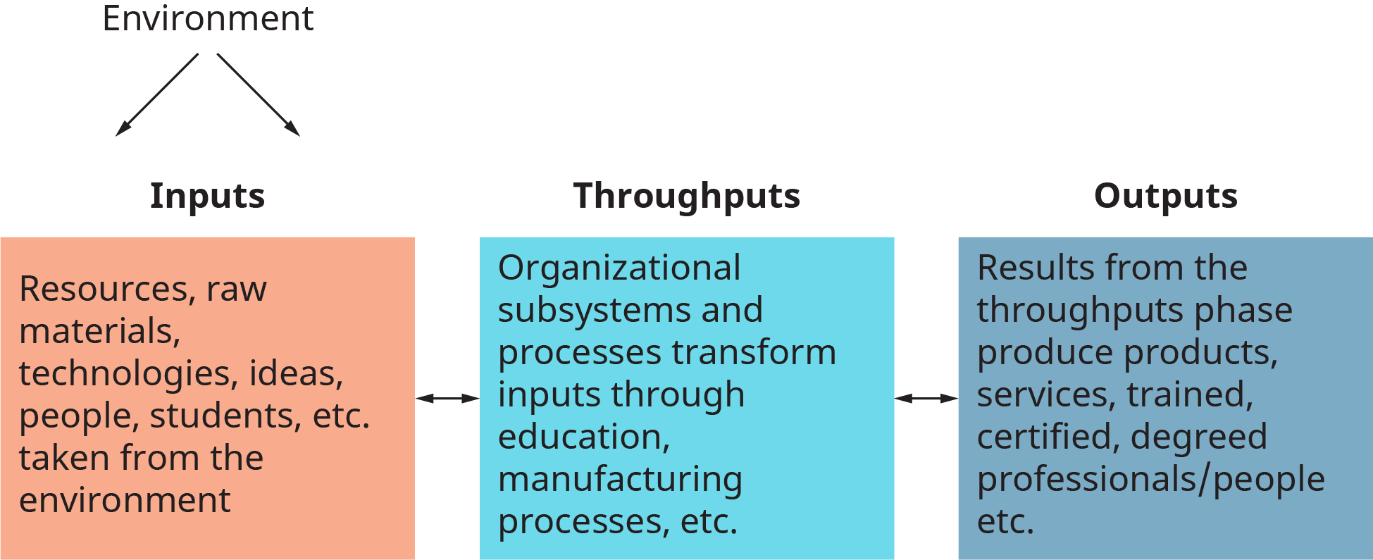 Um diagrama ilustra o modelo de sistema aberto de uma organização.