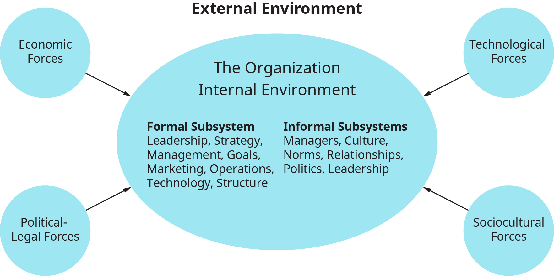 Um diagrama mostra os subsistemas do ambiente interno de uma organização e as forças externas que a afetam.
