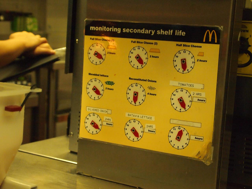 Une photo montre un dépliant intitulé « Surveillance de la durée de conservation secondaire » apposé sur le mur de la cuisine d'un magasin McDonald's. Il indique les durées de conservation secondaires de six ingrédients différents.
