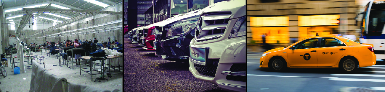 Três fotos mostram uma fábrica de automóveis, um lote de vendas de carros e um táxi.