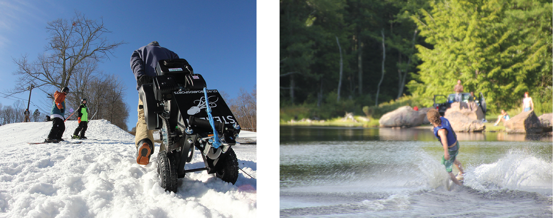一张照片显示一个人带着轮子上的绞车爬上积雪覆盖的山丘。 一张照片显示一个人在湖上滑雪。