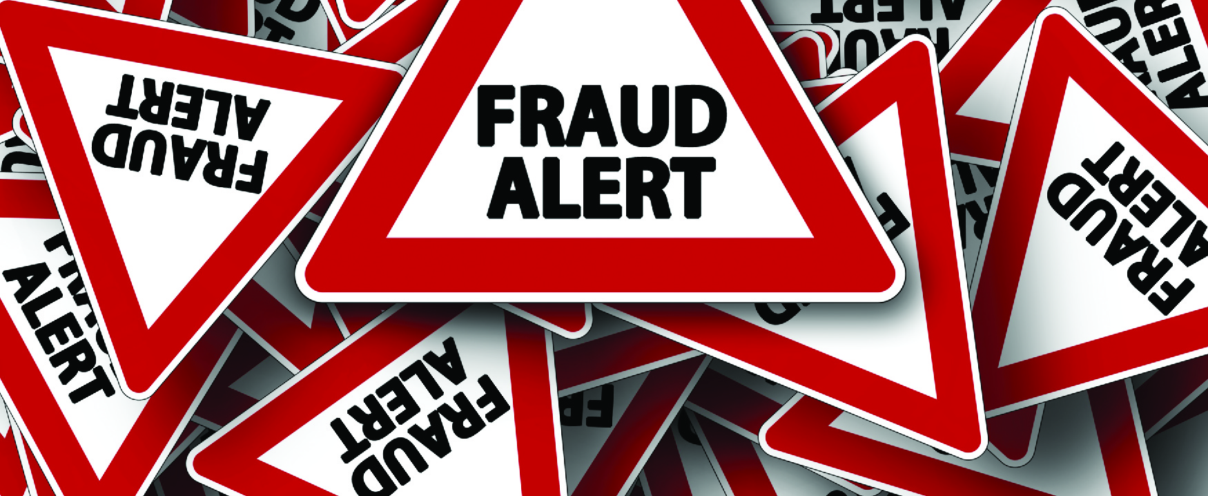 Triângulos vermelhos com as palavras “Alerta de fraude”, todos sobrepostos.