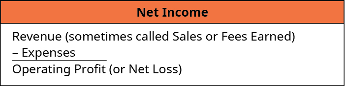 صافي الدخل: الإيرادات (تسمى أحيانًا المبيعات أو الرسوم المكتسبة) ناقص المصروفات يساوي الربح التشغيلي (أو صافي الخسارة).