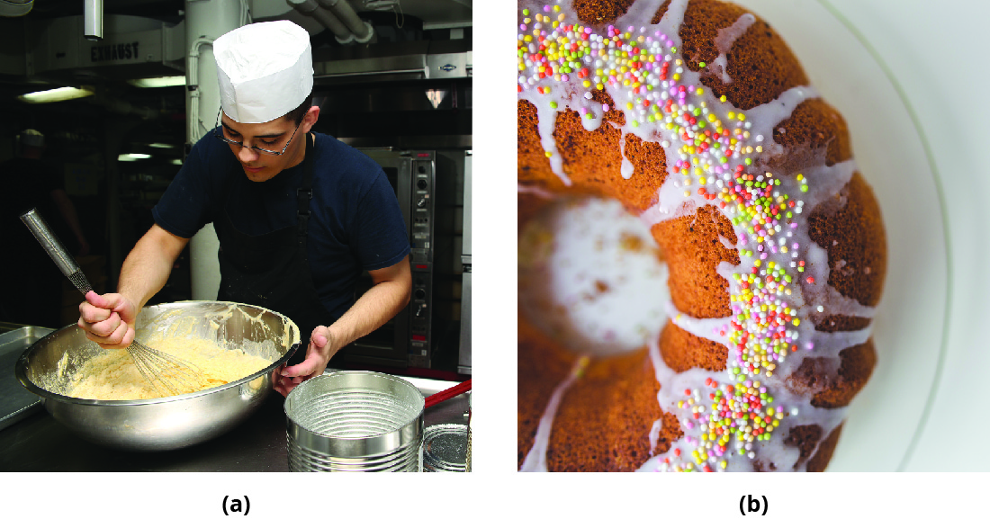 The photograph on the left is of a baker mixing dough. The photograph on the right is of a finished cake.