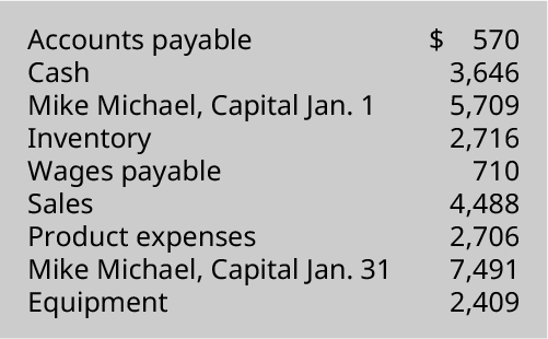 Accounts payable $570, Cash 3,646, Mike Michael capital January 1 5,709, Inventory 2,716, Wages payable 710, Sales 4,488, Product expenses 2,706, Mike Michael capital January 31 7,491, Equipment 2,409.