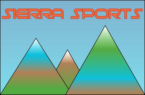 A imagem mostra o logotipo da Sierra Sports. O logotipo tem três cumes de montanhas, coloridos em tons de branco, azul, verde e laranja.