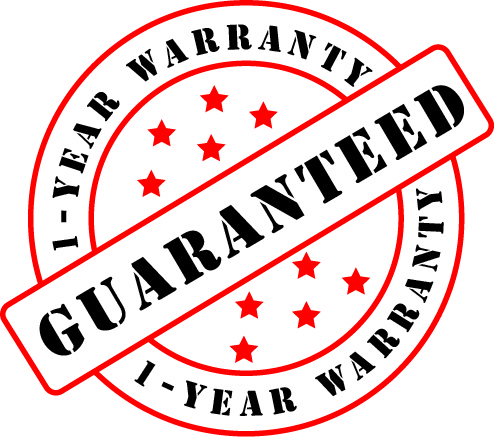 Image shows a one-year warranty guaranteed seal.