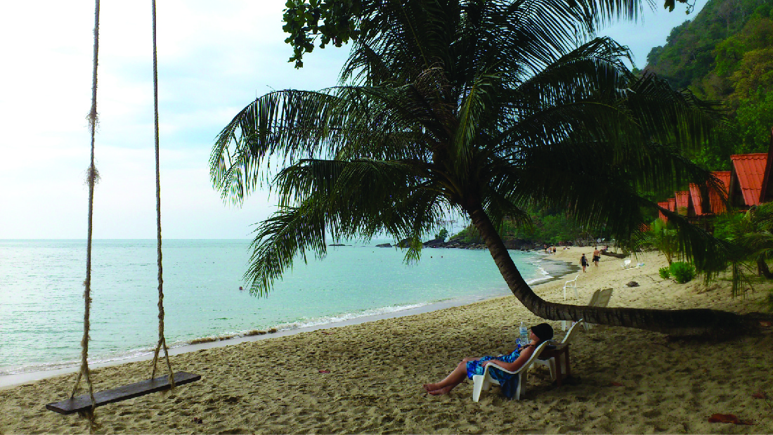 Uma fotografia de uma praia mostrando uma pessoa relaxando debaixo de um coqueiro ao lado de um balanço.