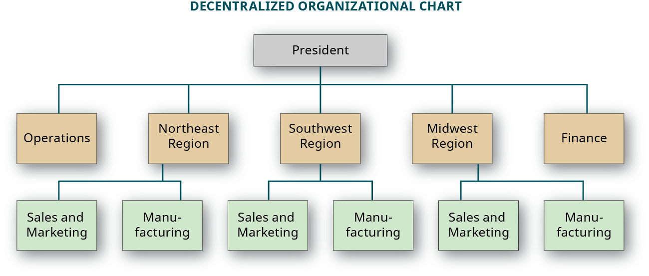分散的组织结构图显示了向总统报告的五个部门：运营、东北地区、西南地区、中西部地区和财务。 每个区域都有两个向其报告的部门：销售和市场营销部门和制造部门。
