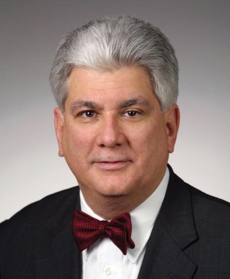 A man with short gray hair wearing a dark suit, white shirt, and red bow tie, posing against a gray background.