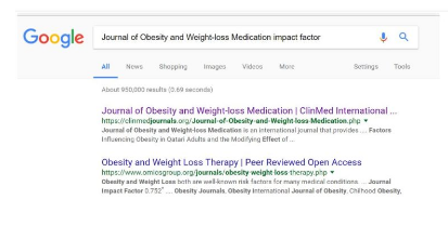 A screenshot of a google shirt for the search, "Journal of Obesity and Weightloss Medication impact factor.