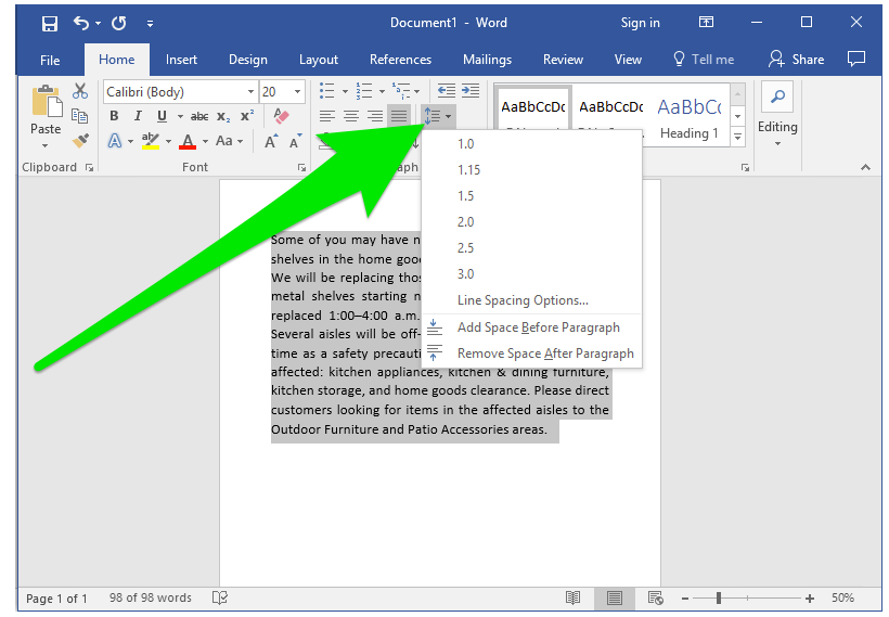 A microsoft word document with a section of text on it. A large green arrow is pointing towards the line spacing menu and the dropdown for it has been triggered.