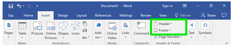 Un documento de Microsoft Word que ha sido ampliado en la cinta. Un cuadro verde rodea la función de encabezado y pie de página.