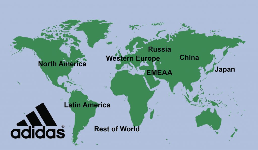 A map of the world showing locations of Adidas geographic divisions. The Adidas logo sits in the bottom left corner. Names of each division are listed on their location on the map: North America, Latin America, Western Europe, EMEAA, Russia, China, and Japan. The region “Rest of the World” is listed near the bottom of the map over the ocean.