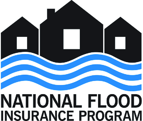 يُظهر هذا الرسم شعار البرنامج الوطني للتأمين ضد الفيضانات. يحتوي على مخطط لثلاثة منازل مع خطوط متموجة تحتها لتمثيل الماء. تحت السطور تقول البرنامج الوطني للتأمين ضد الفيضانات.