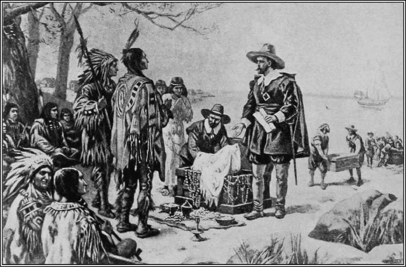 这个图描绘了一个白人拿着报纸与两名美洲原住民会面。 还有其他美洲原住民聚集在一起，坐在他们身后的地上。 在第一个从胸口抽出布料的人旁边还有另一个白人。