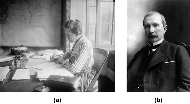 A parte A mostra Ida Tarbell escrevendo à mão em uma mesa. A parte B mostra John D. Rockefeller.