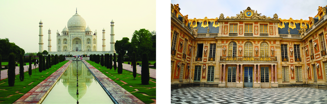 L'une des photos montre le Taj Mahal, un grand mausolée en marbre blanc en Inde, avec son bassin réfléchissant rectangulaire. Une deuxième photo montre le château de Versailles, qui est un palais royal très orné en France.