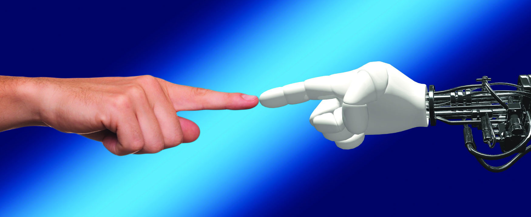 这张照片左边是人的手，右边是机器人的手。 他们的食指在中间。