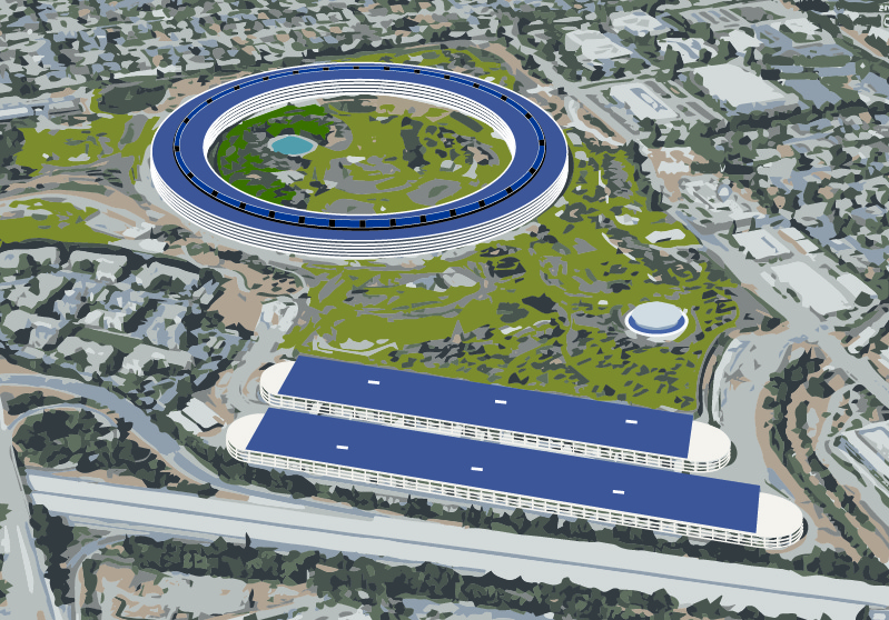 This image shows a rendering of a large, ring-shaped building.