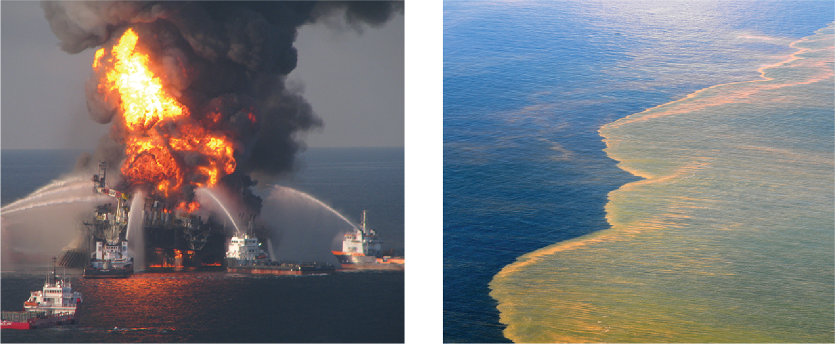 Esquerda: A plataforma de petróleo Deepwater Horizon está pegando fogo, cercada por vários navios pulverizando materiais de supressão. À direita: óleo flutuando na superfície da água no Golfo do México.