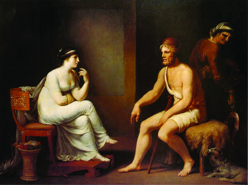 لوحة تصور امرأة على اليسار، بينيلوب، ورجل على اليمين، أوديسيوس. يقف شخص آخر وراء أوديسيوس وهو ينظر إليهم.