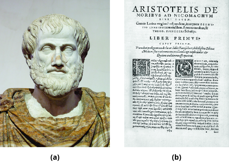 A部分是描绘亚里士多德的雕像。 B部分展示了亚里士多德的《尼科马奇伦理》的印刷版。