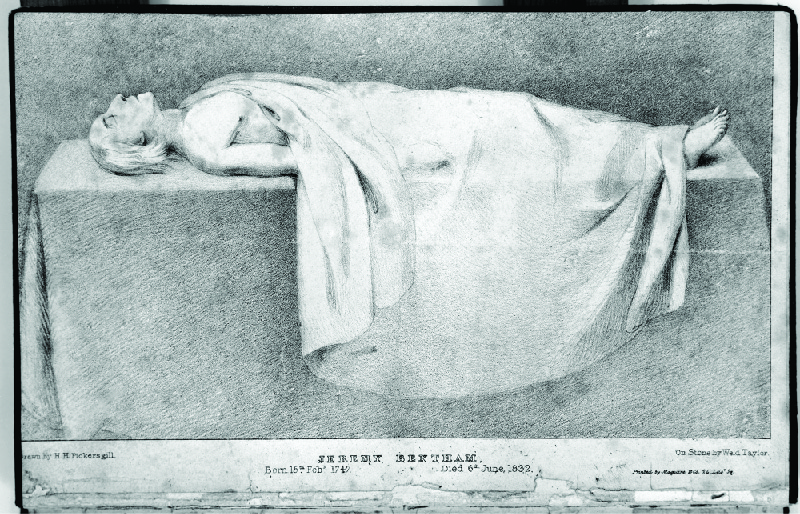 رسم يصور جثة جيريمي بنثام موضوعة على طاولة ومغطاة في الغالب بورقة.