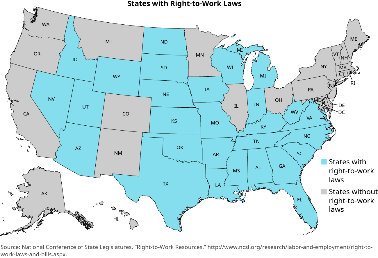 خريطة الولايات المتحدة بعنوان «الولايات ذات قوانين الحق في العمل». الولايات التي لديها قوانين الحق في العمل هي نيفادا، أيداهو، يوتا، أريزونا، وايومنغ، داكوتا الشمالية، داكوتا الجنوبية، نبراسكا، كانساس، أوكلاهوما، تكساس، أيوا، ميزوري، أركنساس، لويزيانا، ميسيسيبي، ألاباما، تينيسي، كنتاكي، إنديانابوليس، ميشيغان، ويسكونسن، فيرجينيا الغربية، فيرجينيا، نورث كارولينا، ساوث كارولينا، ساوث كارولينا، جورجيا، وفلوريدا. الولايات التي ليس لديها قوانين الحق في العمل هي ألاسكا وهاواي وواشنطن وأوريغون وكاليفورنيا ومونتانا وكولورادو ونيو مكسيكو ومينيسوتا وإلينوي وأوهايو وماين وفيرمونت ونيو هامبشاير وماساتشوستس وكونيتيكت ورود آيلاند ونيويورك ونيوجيرسي وبنسلفانيا وماريلاند وديلاوير وواشنطن العاصمة.