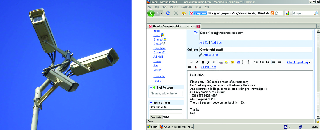À gauche, on voit une caméra de surveillance. La droite montre un e-mail partageant des informations privilégiées sur un achat d'actions.