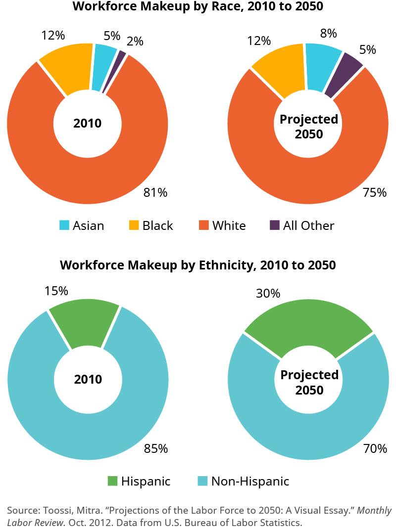 يُظهر هذا الرسم أربعة مخططات دائرية. ويحمل اثنان عنوانًا «تركيبة القوى العاملة حسب العرق، من 2010 إلى 2050" واثنان بعنوان «تركيبة القوى العاملة حسب العرق، من 2010 إلى 2050". بالنسبة لتكوين القوى العاملة حسب العرق، فإن الرسم البياني الأيسر هو لعام 2010 وهو مقسم إلى 81 في المائة من البيض، و 12 في المائة من السود، و 5 في المائة من الآسيويين، و 2 في المائة لجميع الفئات الأخرى. المخطط الصحيح هو المخطط المتوقع لعام 2050 وهو مقسم إلى 75 في المائة من البيض، و 12 في المائة من السود، و 8 في المائة من الآسيويين، و 5 في المائة لجميع الأنواع الأخرى. بالنسبة لتكوين القوى العاملة حسب العرق، فإن الرسم البياني الأيسر هو لعام 2010 وينقسم إلى 85 في المائة من غير ذوي الأصول الإسبانية و 15 في المائة من أصل إسباني. المخطط الصحيح هو المخطط المتوقع لعام 2050 وينقسم إلى 70 في المائة من غير ذوي الأصول الإسبانية و 30 في المائة من أصل إسباني.