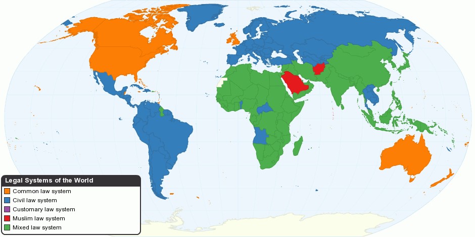 mapa del mundo que muestra el common law, el derecho civil, el derecho consuetudinario, el derecho musulmán y los sistemas jurídicos híbridos