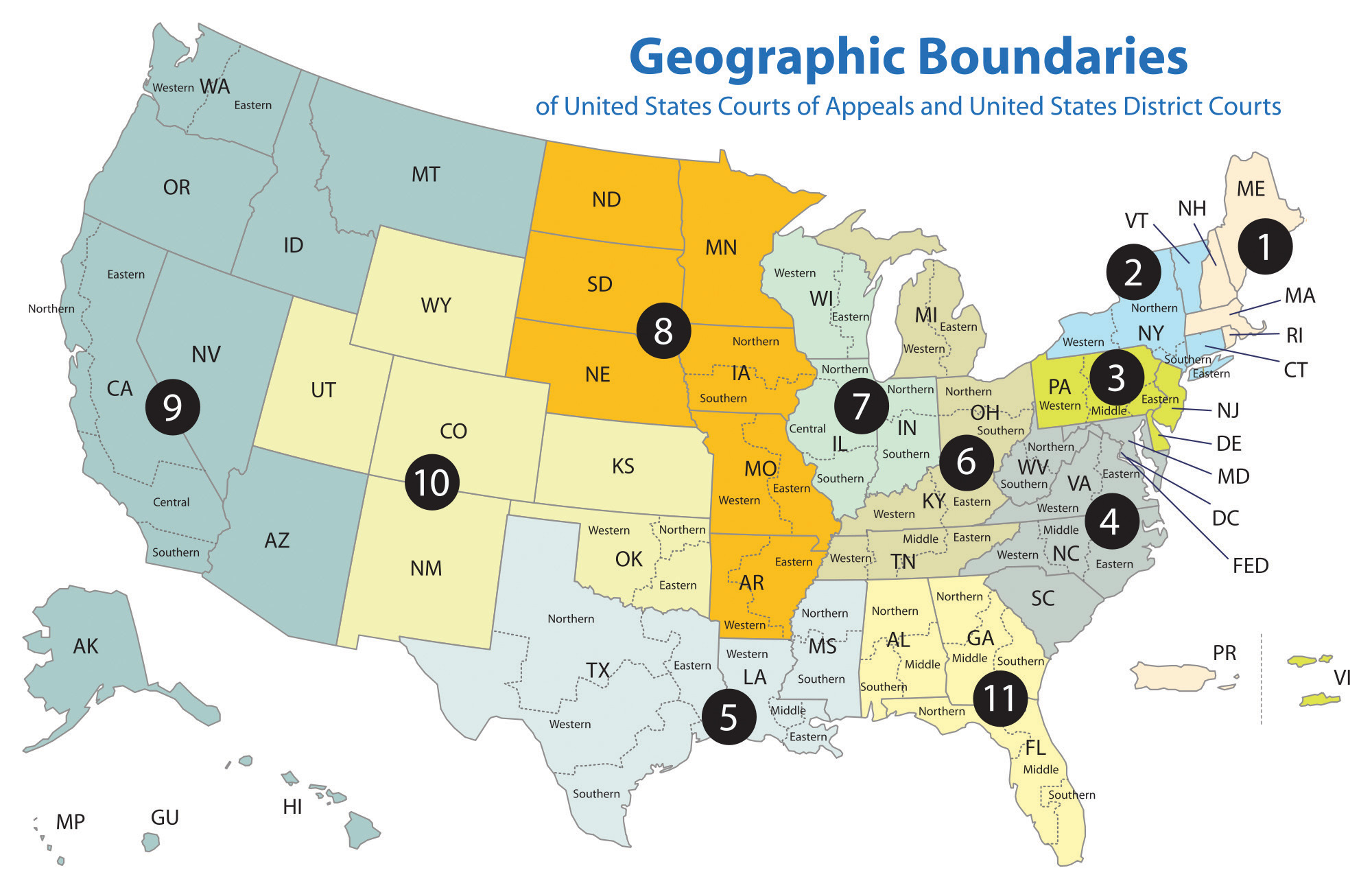 mapa de Estados Unidos que muestra los límites geográficos del distrito federal y los tribunales de apelación
