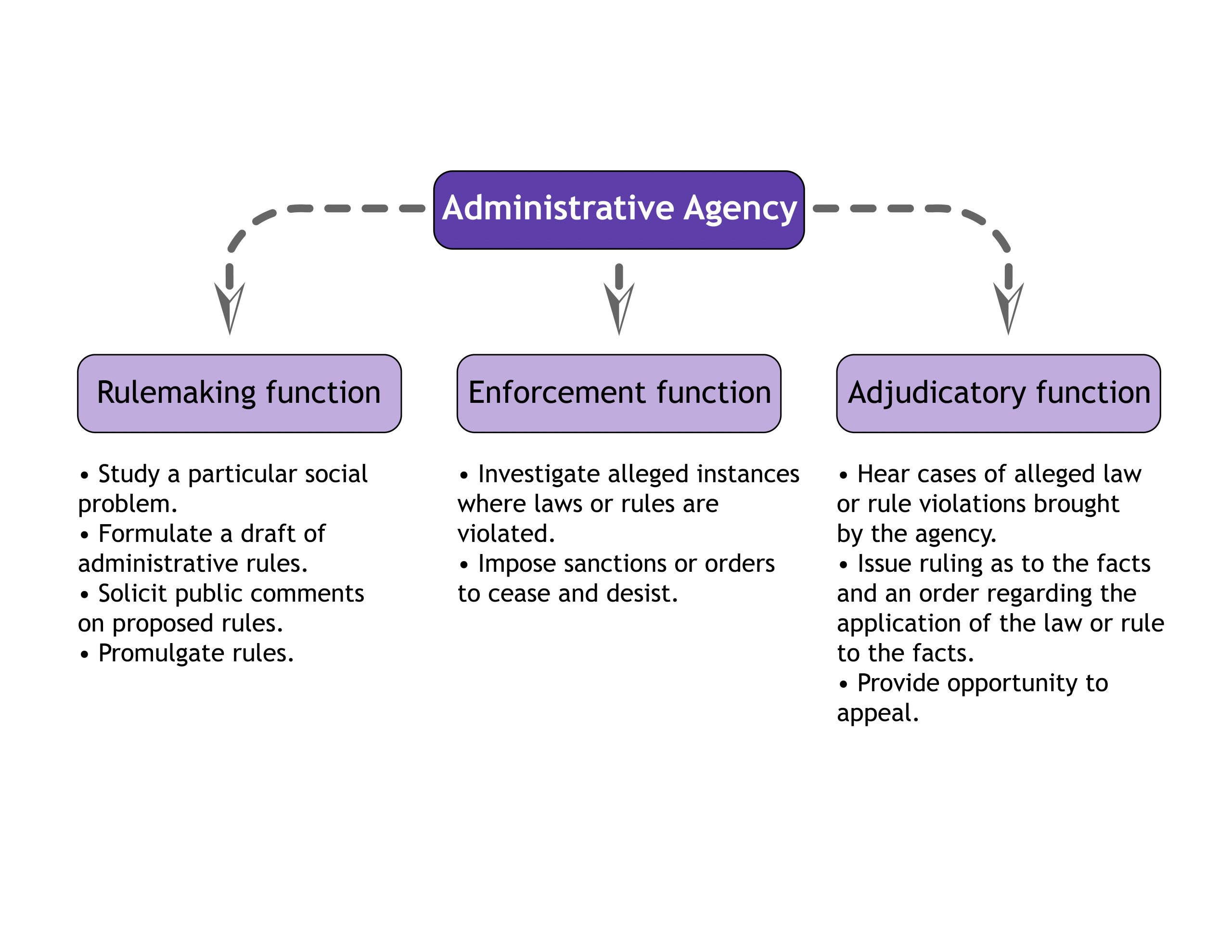 Graph showing rulemaking, enforcement, and adjudicatory functions of administrative agencies